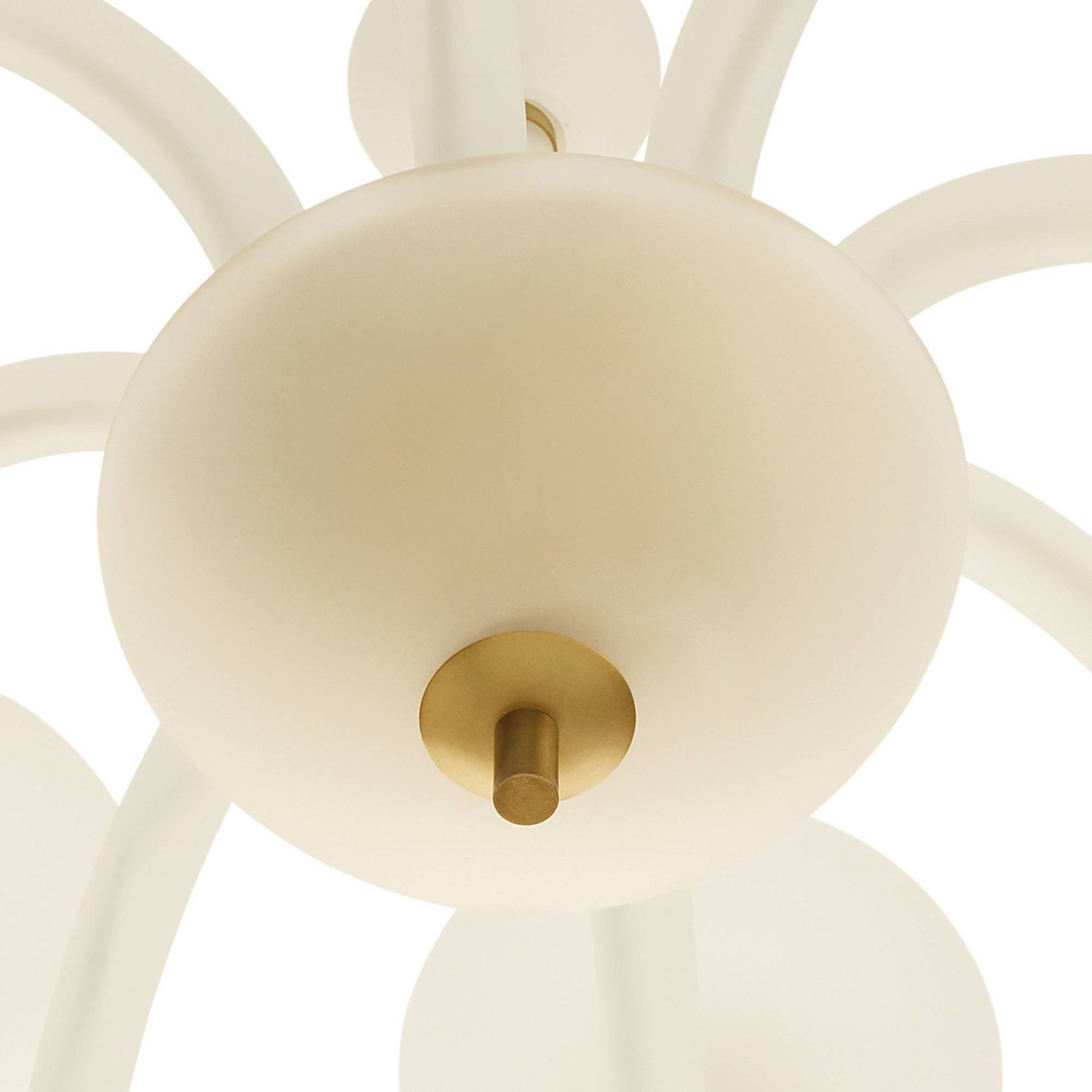 Close-up of a modern ceiling light fixture with white spherical shades and gold accents.