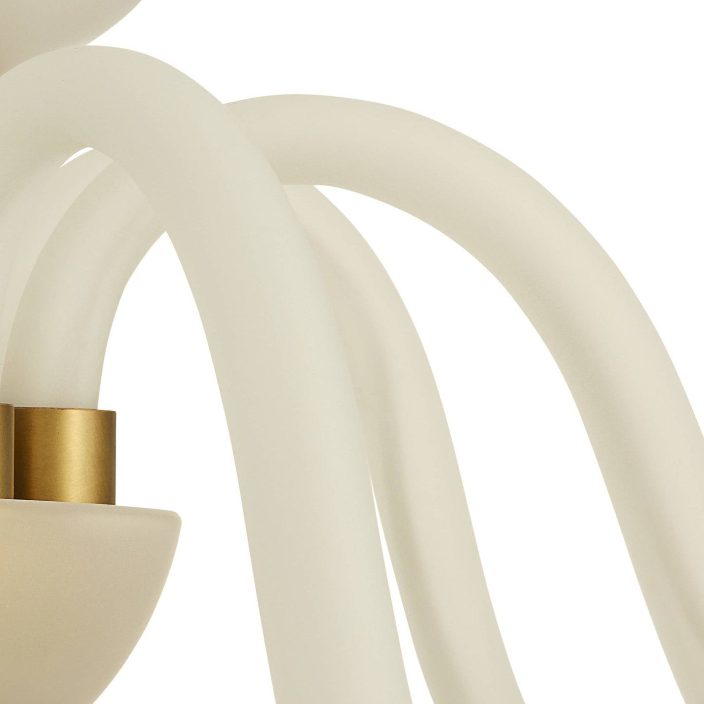 Close-up of a modern chandelier with white glass and gold accents on a white background