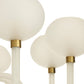 Close-up of a modern chandelier with spherical glass shades and brass fixtures on a white background.