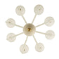 Modern chandelier with white spherical lights and a gold center on a white background