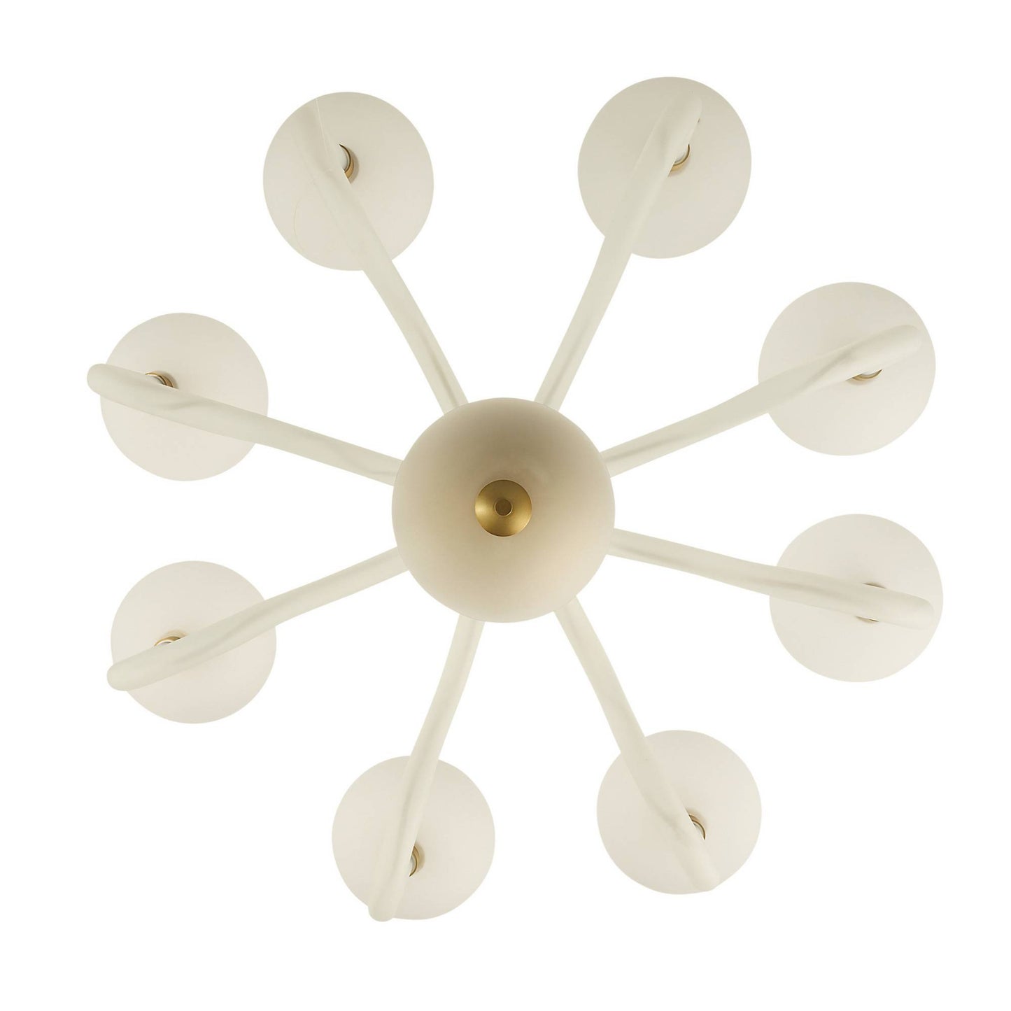 Modern chandelier with white spherical lights and a gold center on a white background