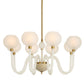 Modern chandelier with white glass shades and gold accents on a white background