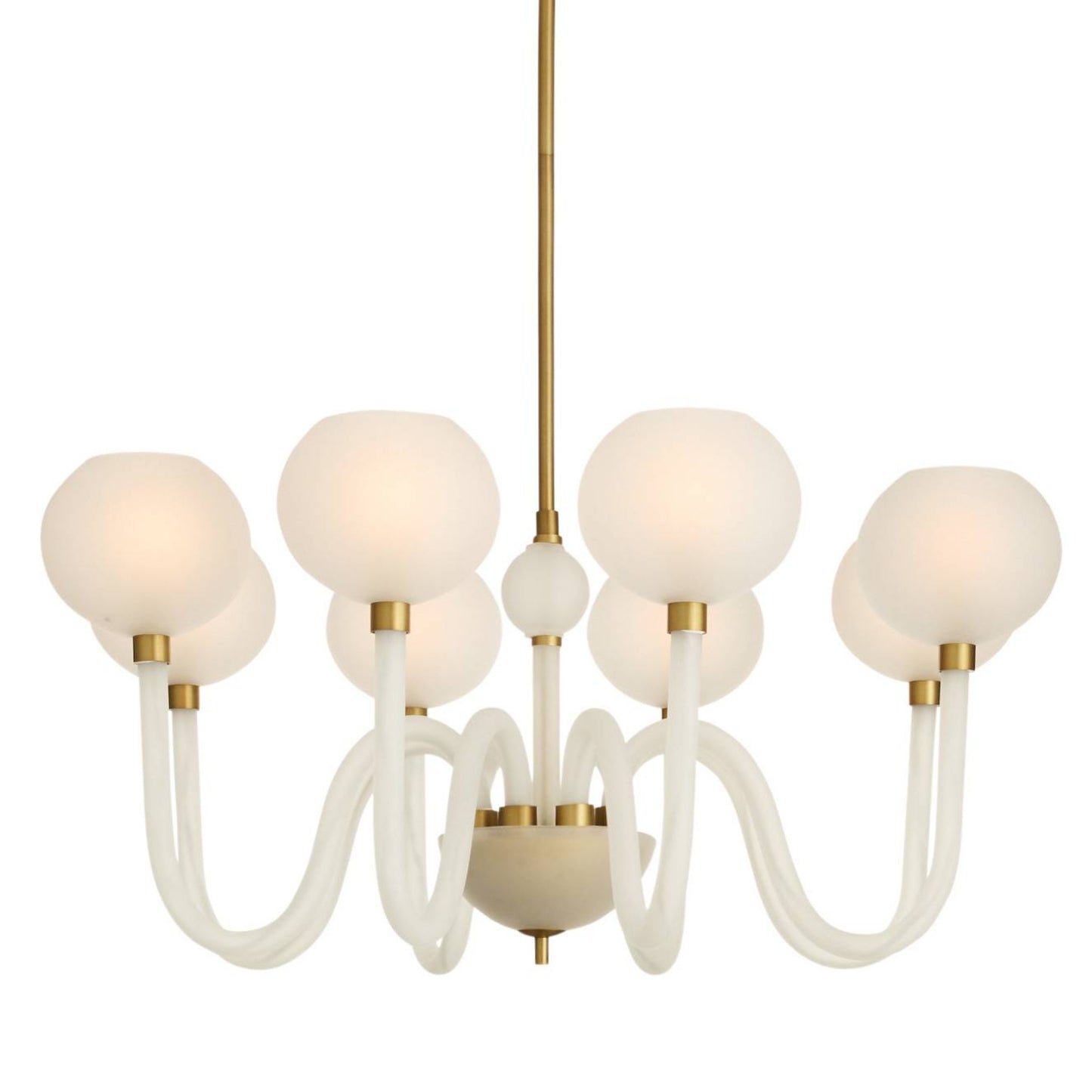 Modern chandelier with white glass shades and gold accents on a white background