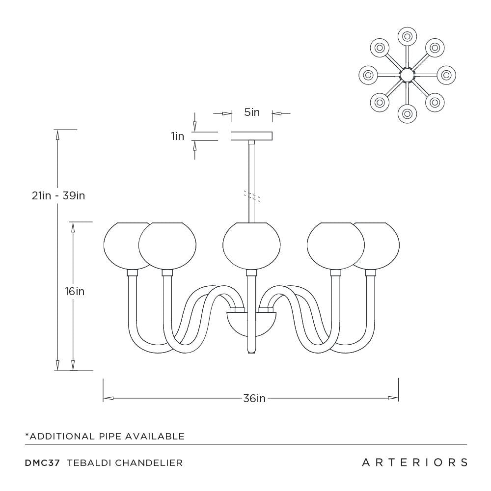 Technical drawing of a chandelier with dimensions and Arteriors branding