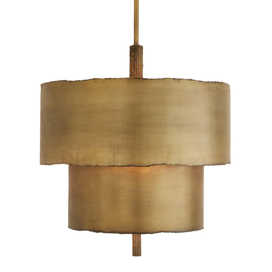 Brass pendant light with a textured finish on a white background