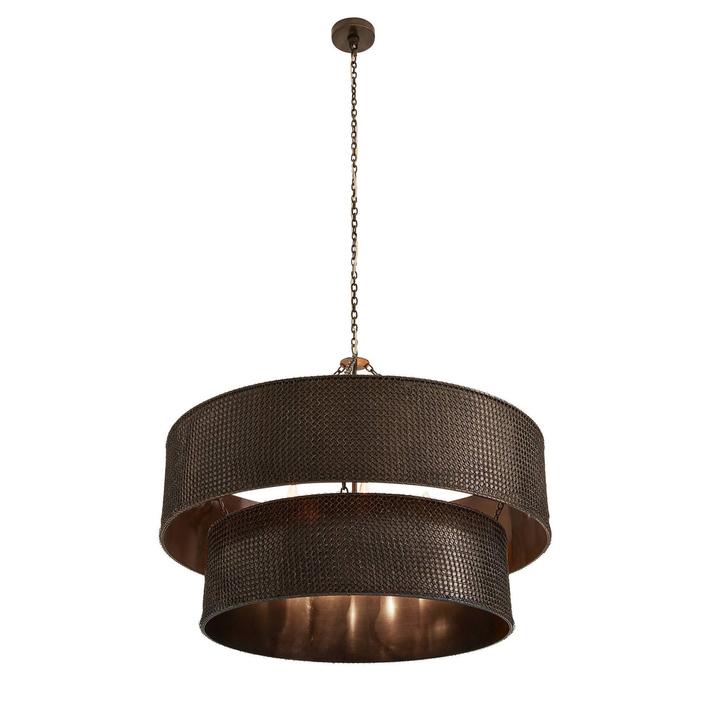 Bronze pendant light with textured design on a white background