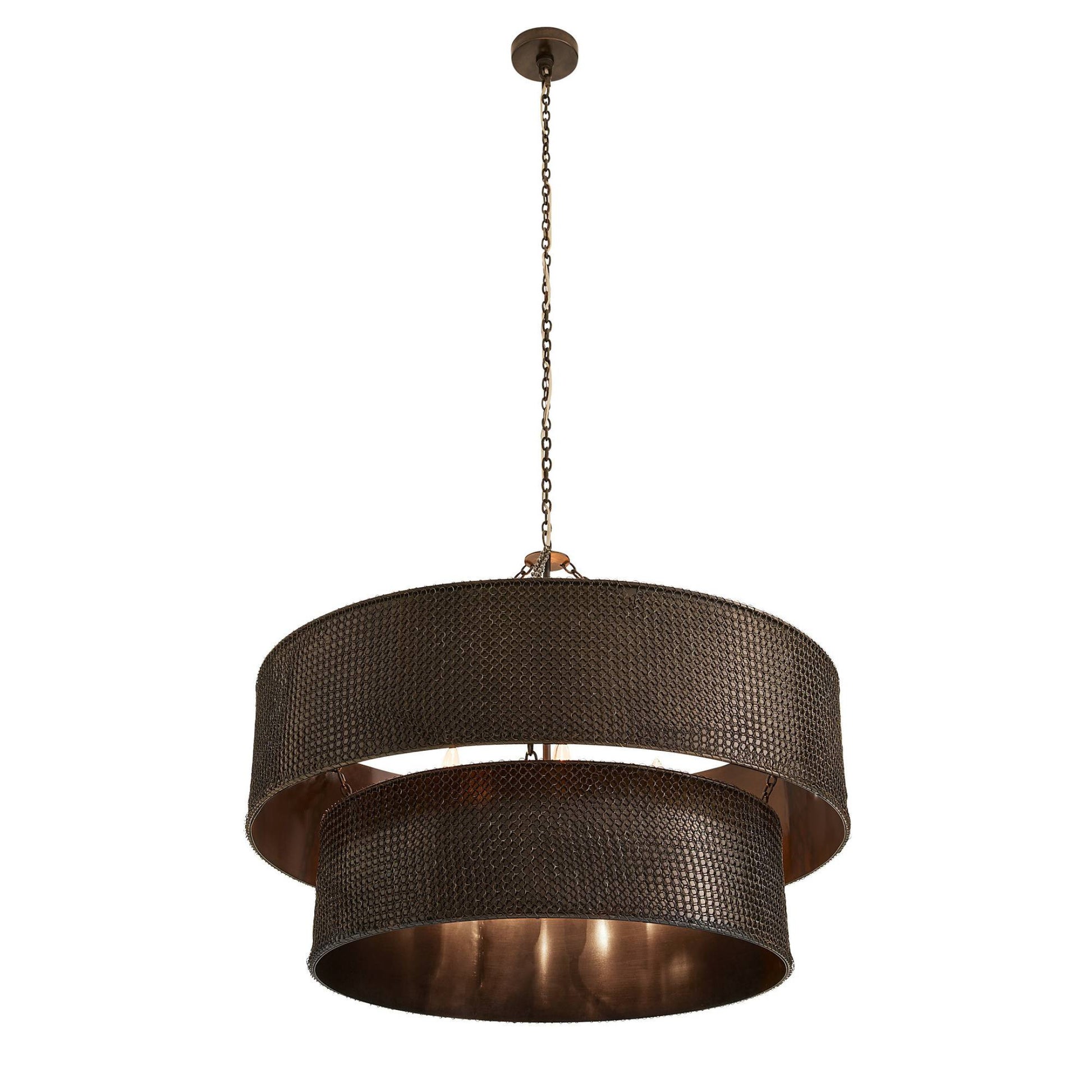 Bronze pendant light with textured design on a white background