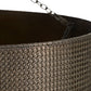 Close-up of a textured metal basket with a chain handle on a white background