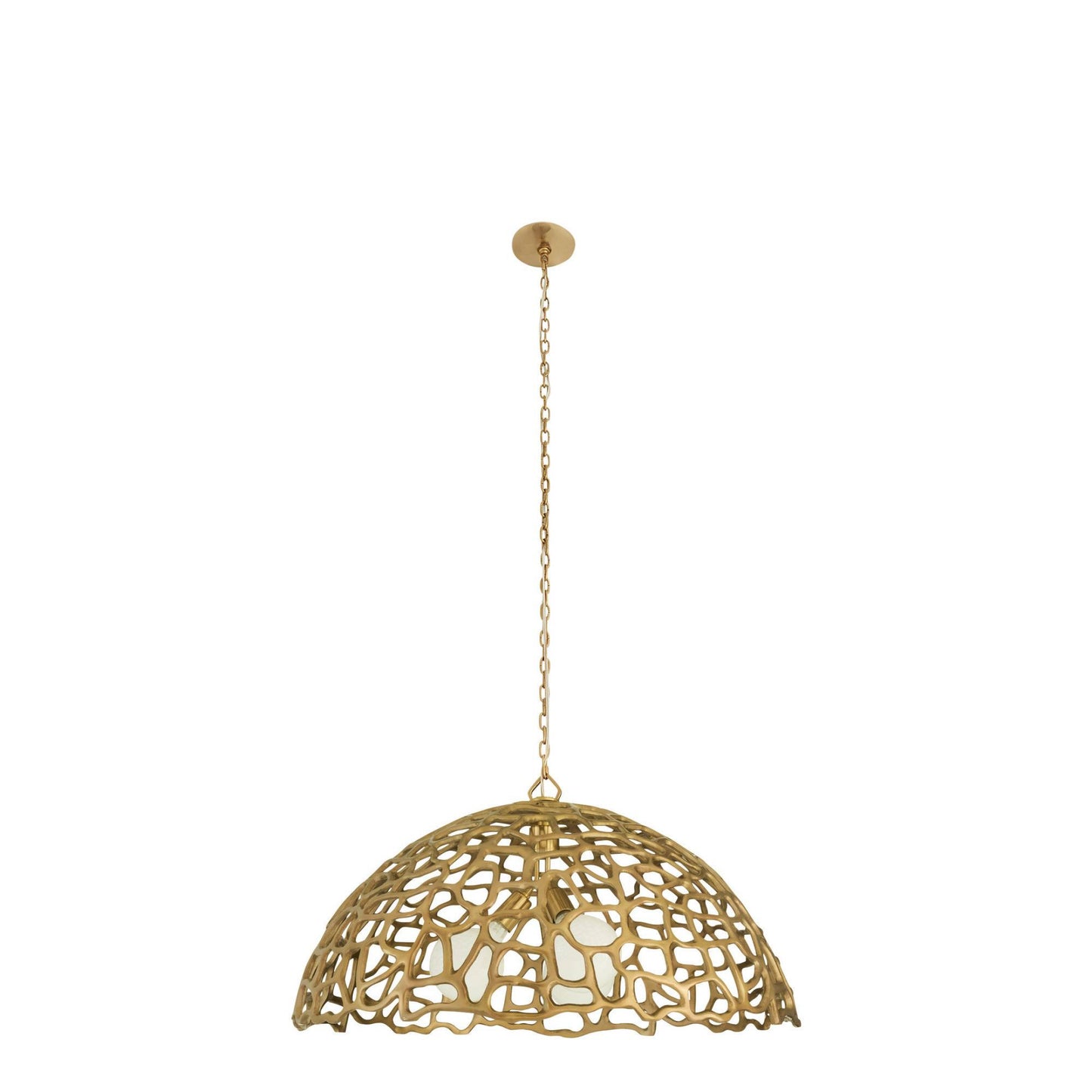 Gold pendant lamp with intricate design on a white background