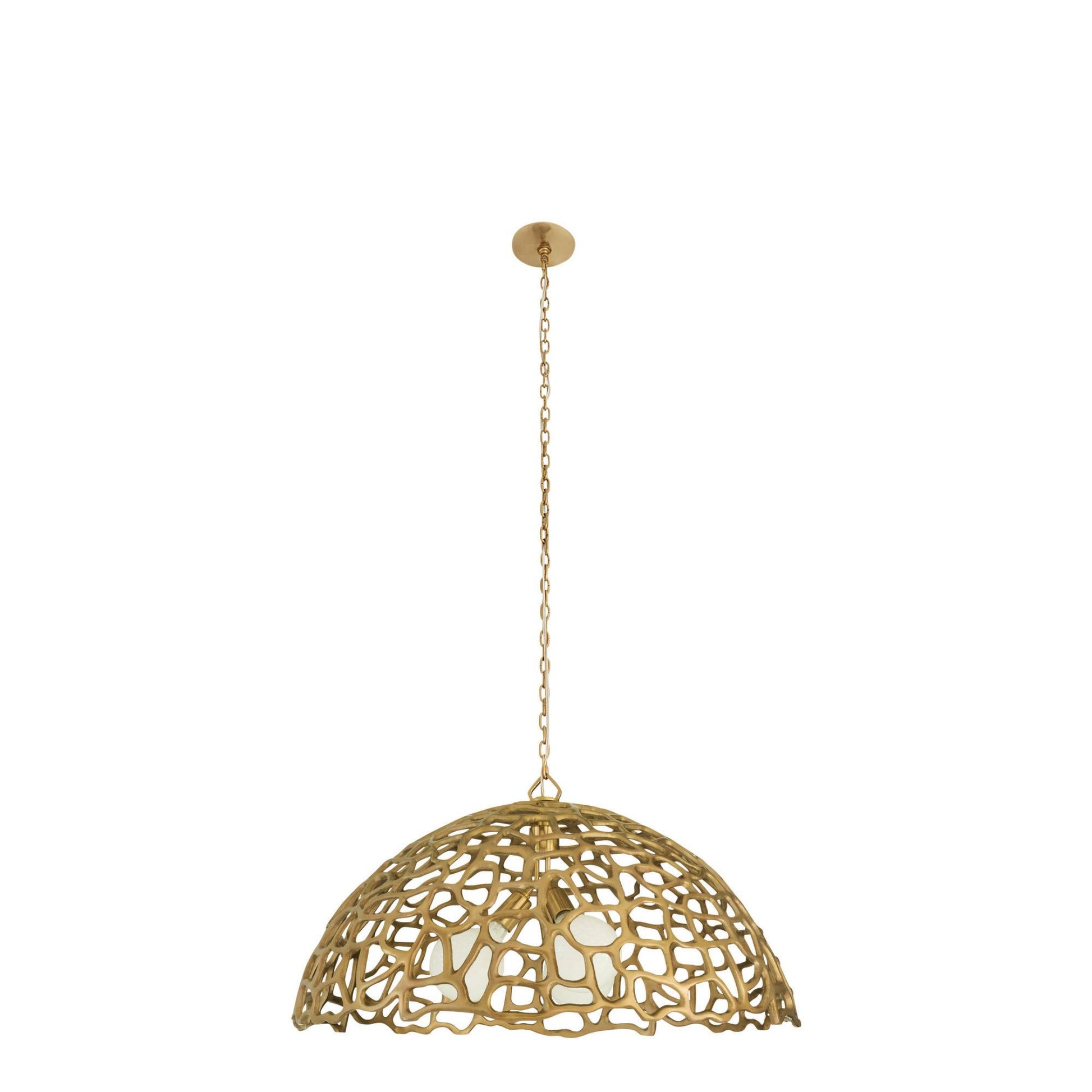 Gold pendant lamp with intricate design on a white background