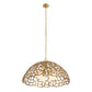 Gold pendant light with intricate design on a white background
