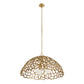 Gold pendant light with intricate design on a white background