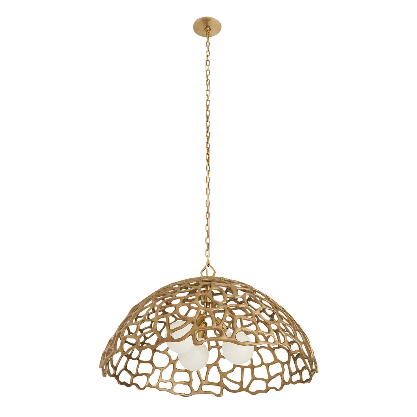 Gold pendant light with intricate design on a white background