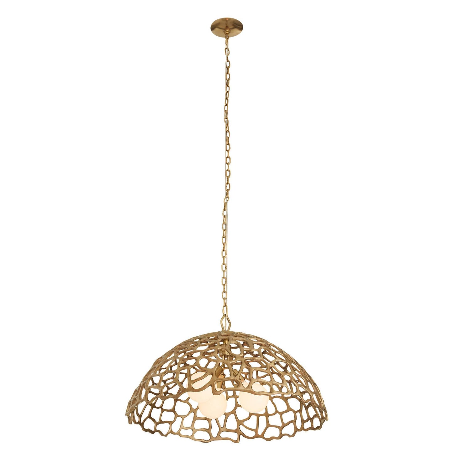 Gold pendant light with intricate design on a white background