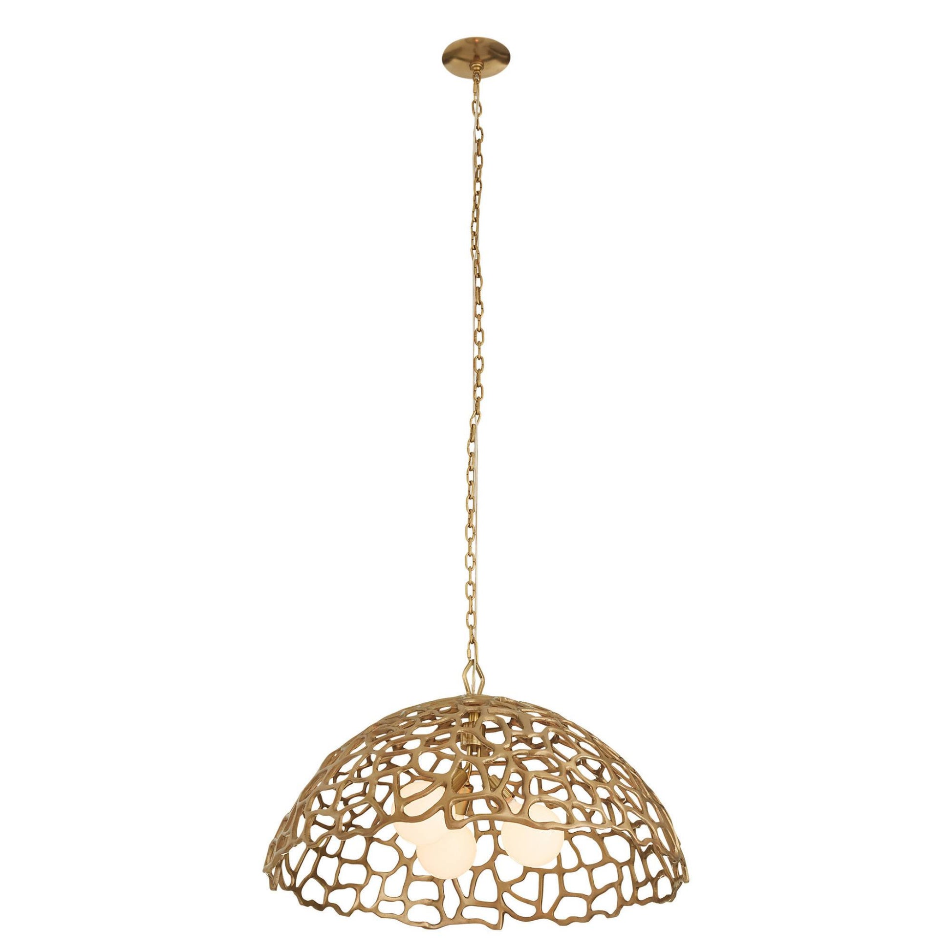 Gold pendant light with intricate design on a white background