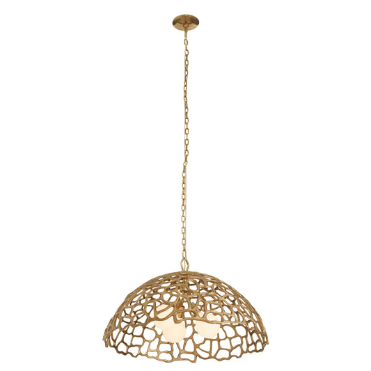 Gold pendant light with intricate design on a white background
