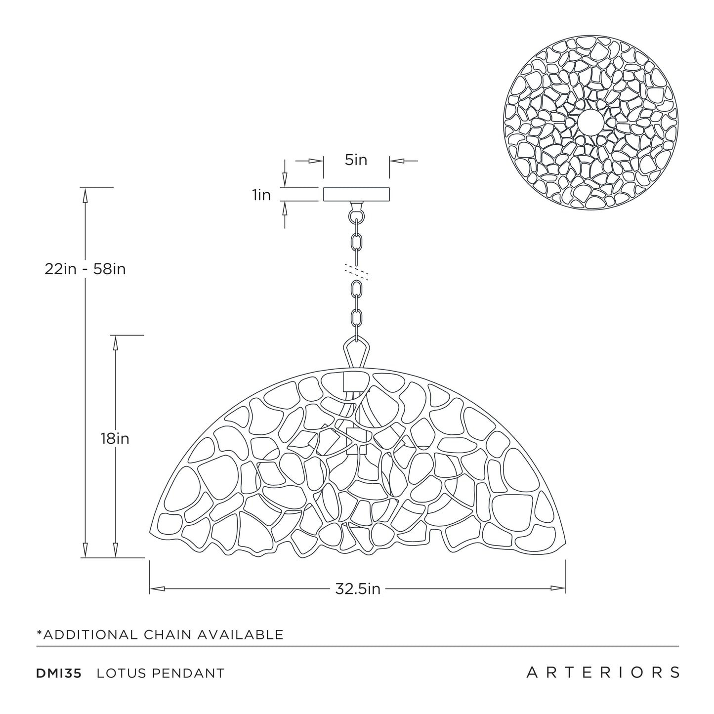 Technical drawing of a Lotus pendant light with dimensions and Arteriors branding.
