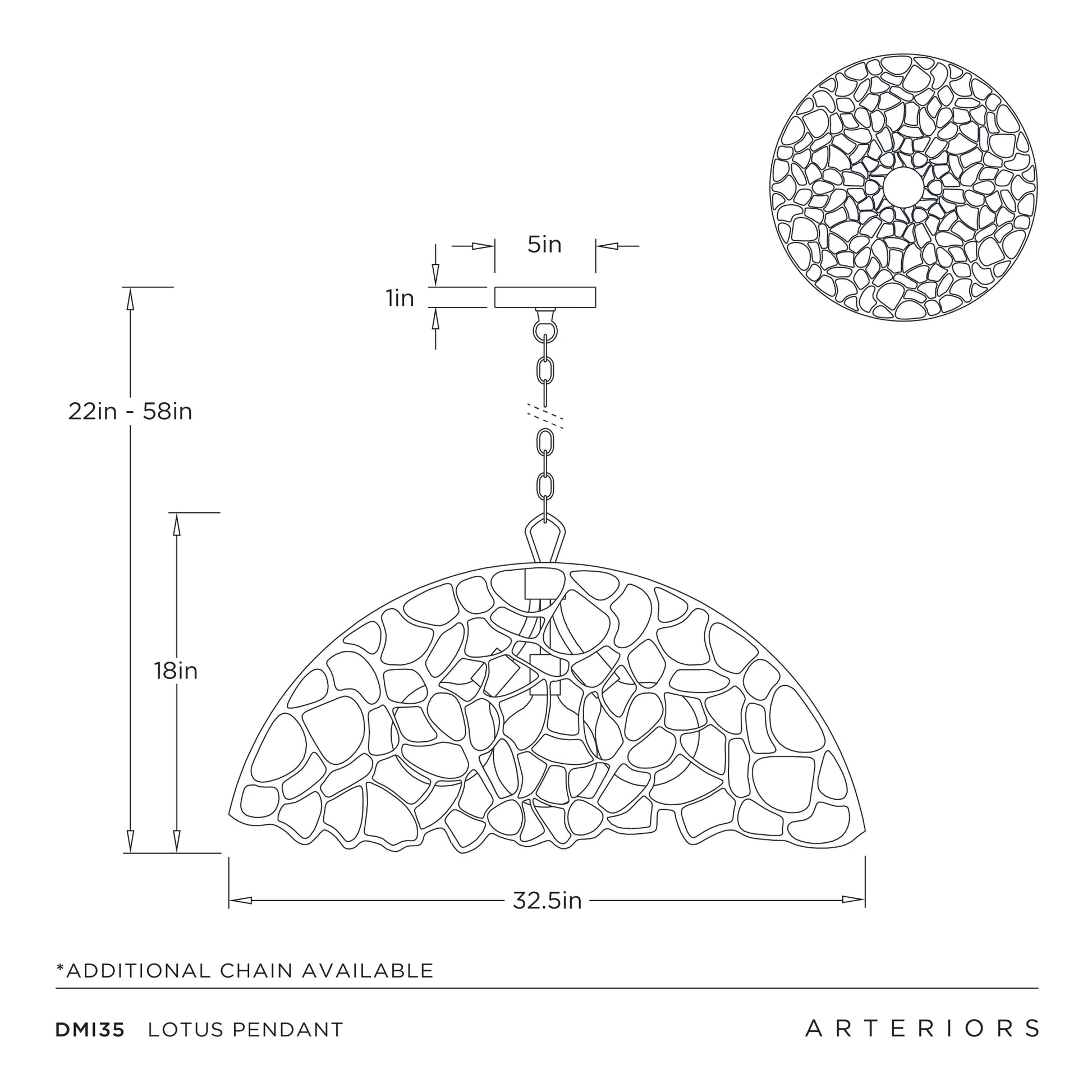Technical drawing of a Lotus pendant light with dimensions and Arteriors branding.