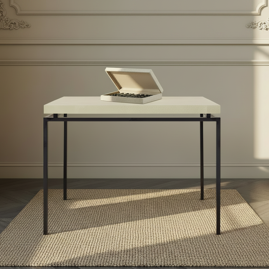 game table with domino game on top on a seagrass rug