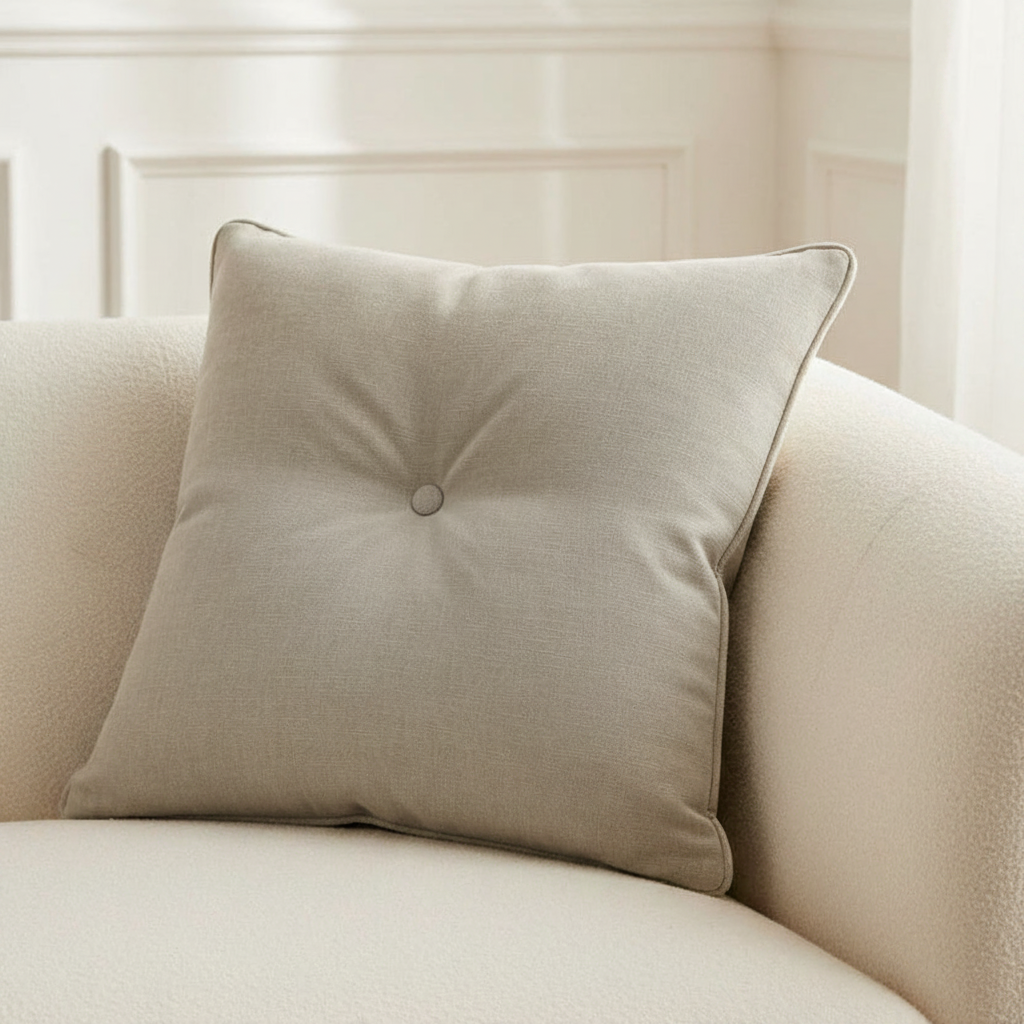 dove pillow on a beige sofa with a neutral background
