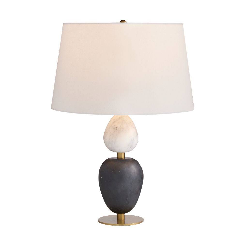 Table lamp with a dark base, marble accent, and white shade on a white background