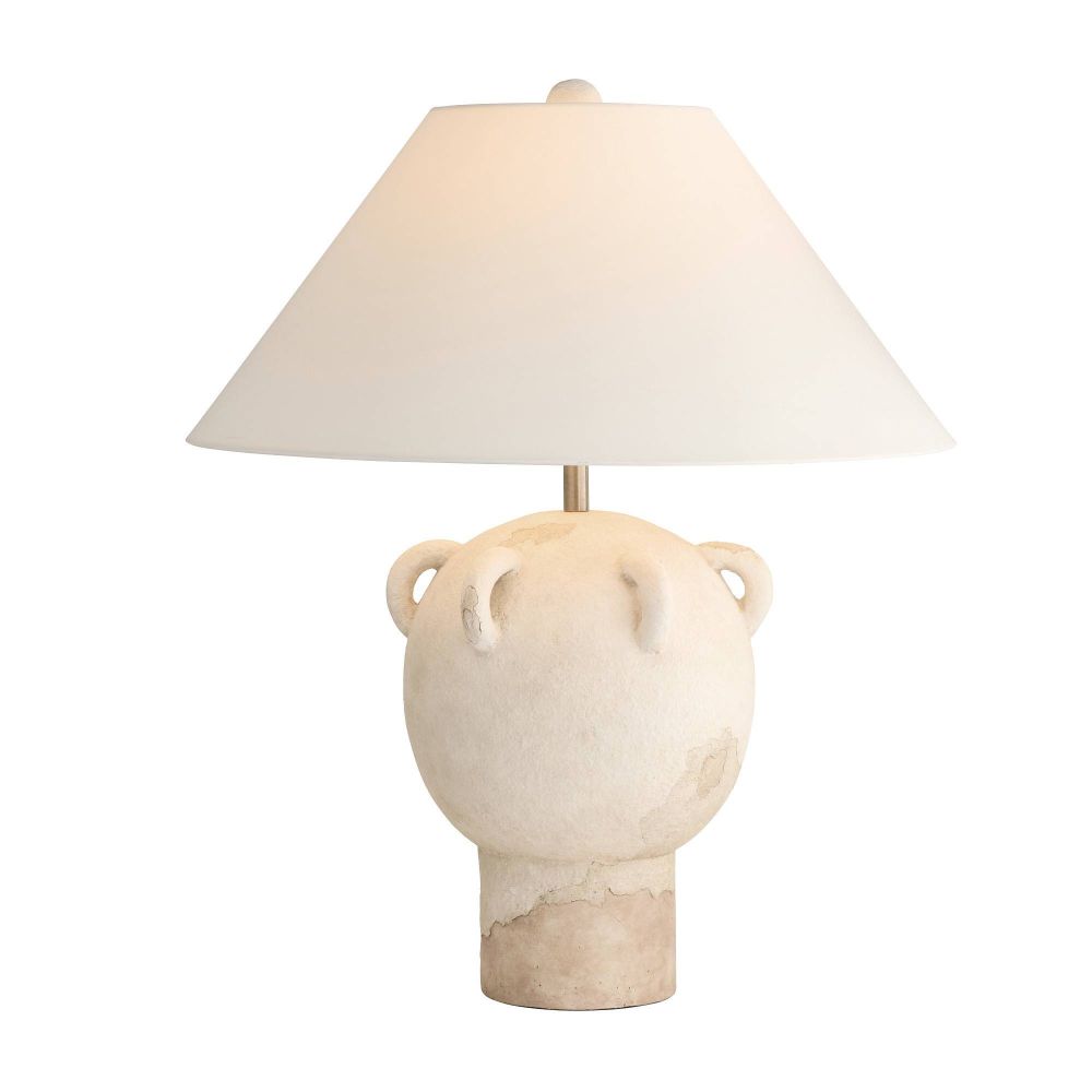Table lamp with a ceramic base and white shade on a white background
