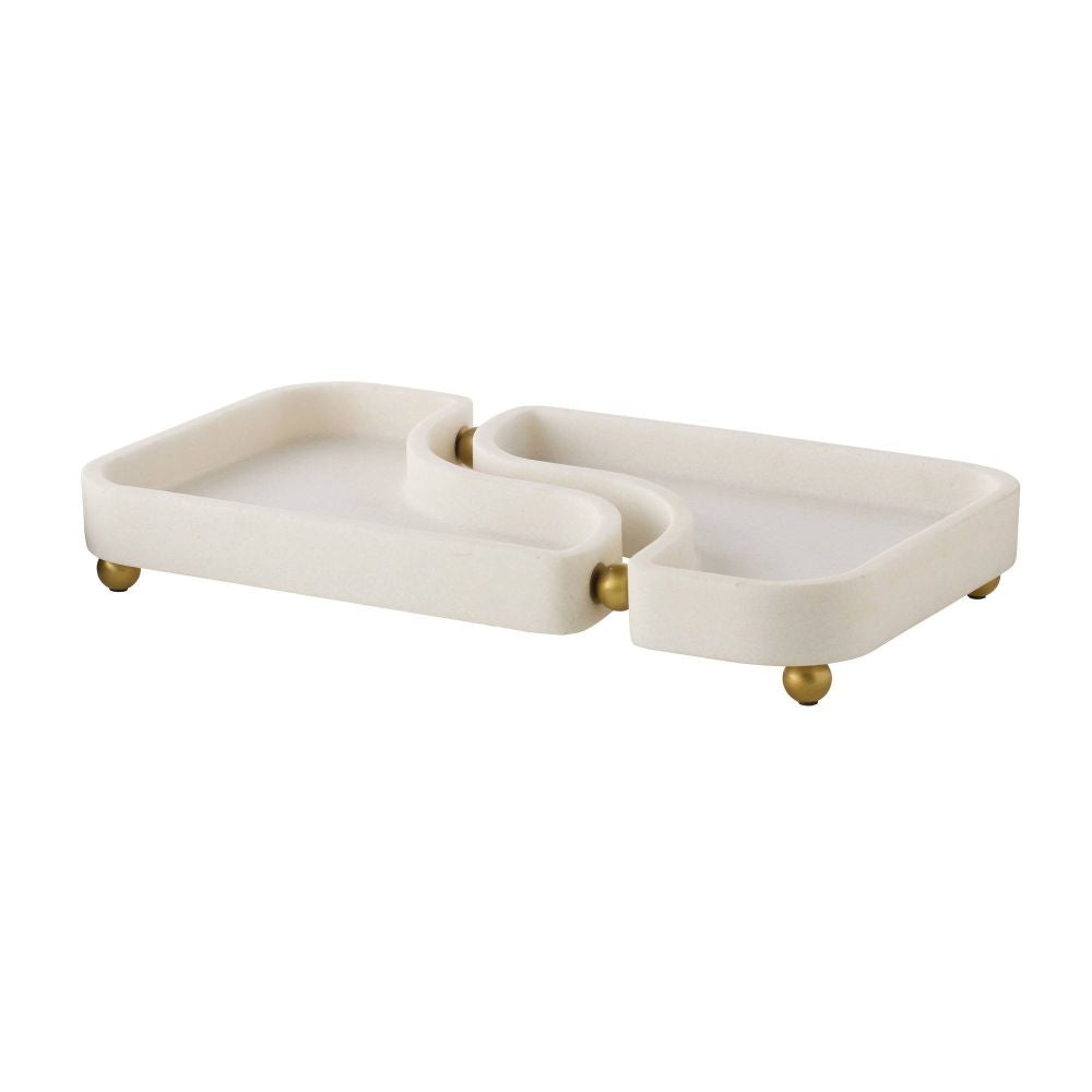 White jewelry tray with gold accents on a white background