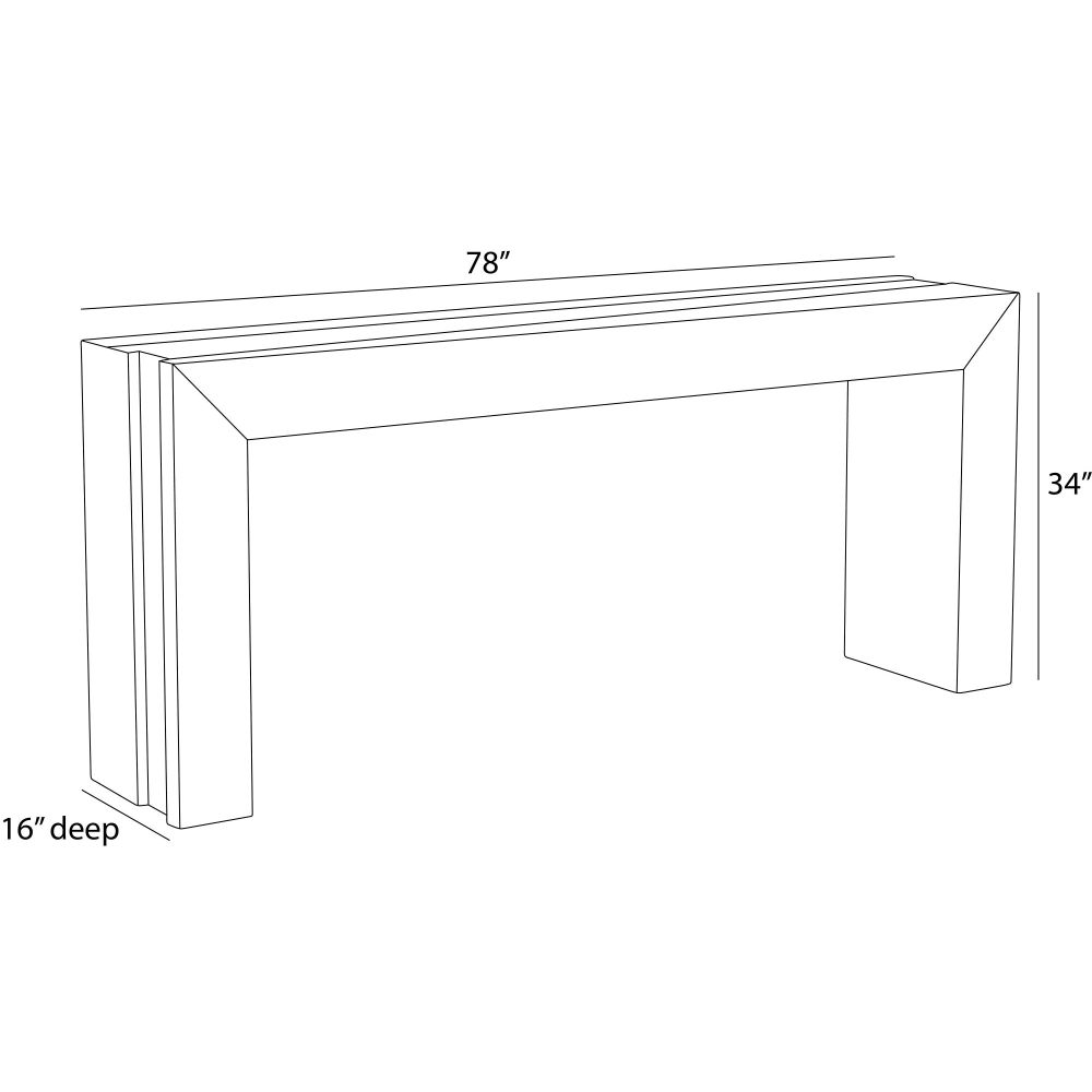 Line drawing of a rectangular console table with dimensions labeled.