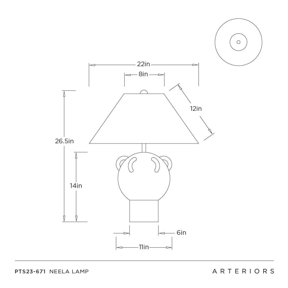 Technical drawing of a Neela lamp with dimensions on a white background