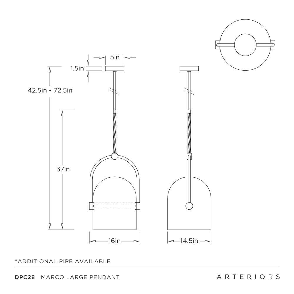 Technical drawing of a large pendant light with dimensions and Arteriors branding.