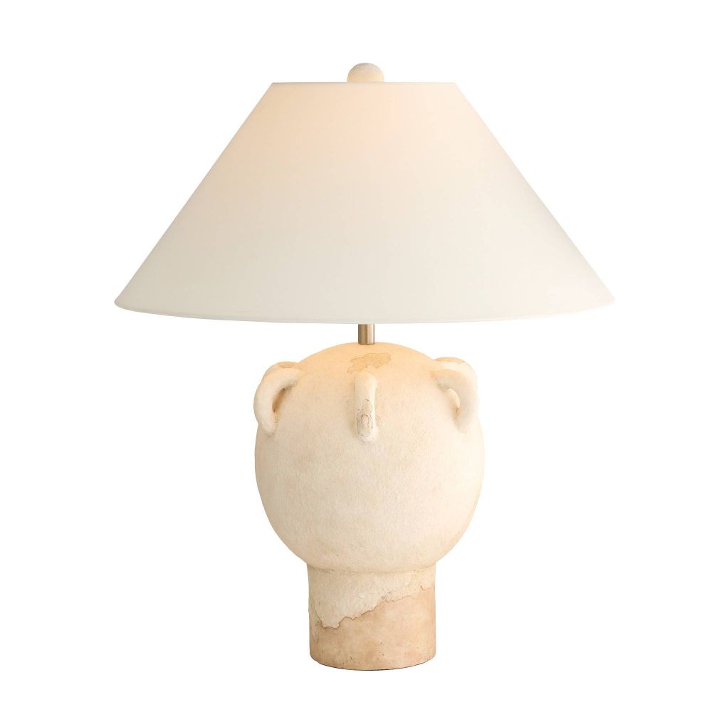 Table lamp with a beige ceramic base and white lampshade on a white background