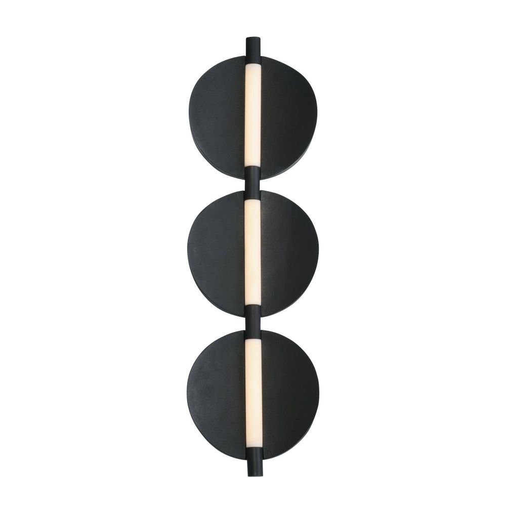 Modern wall sconce with three black circular shades on a white background
