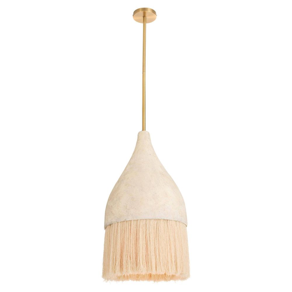 Pendant light with beige shade and gold fixture on a white background