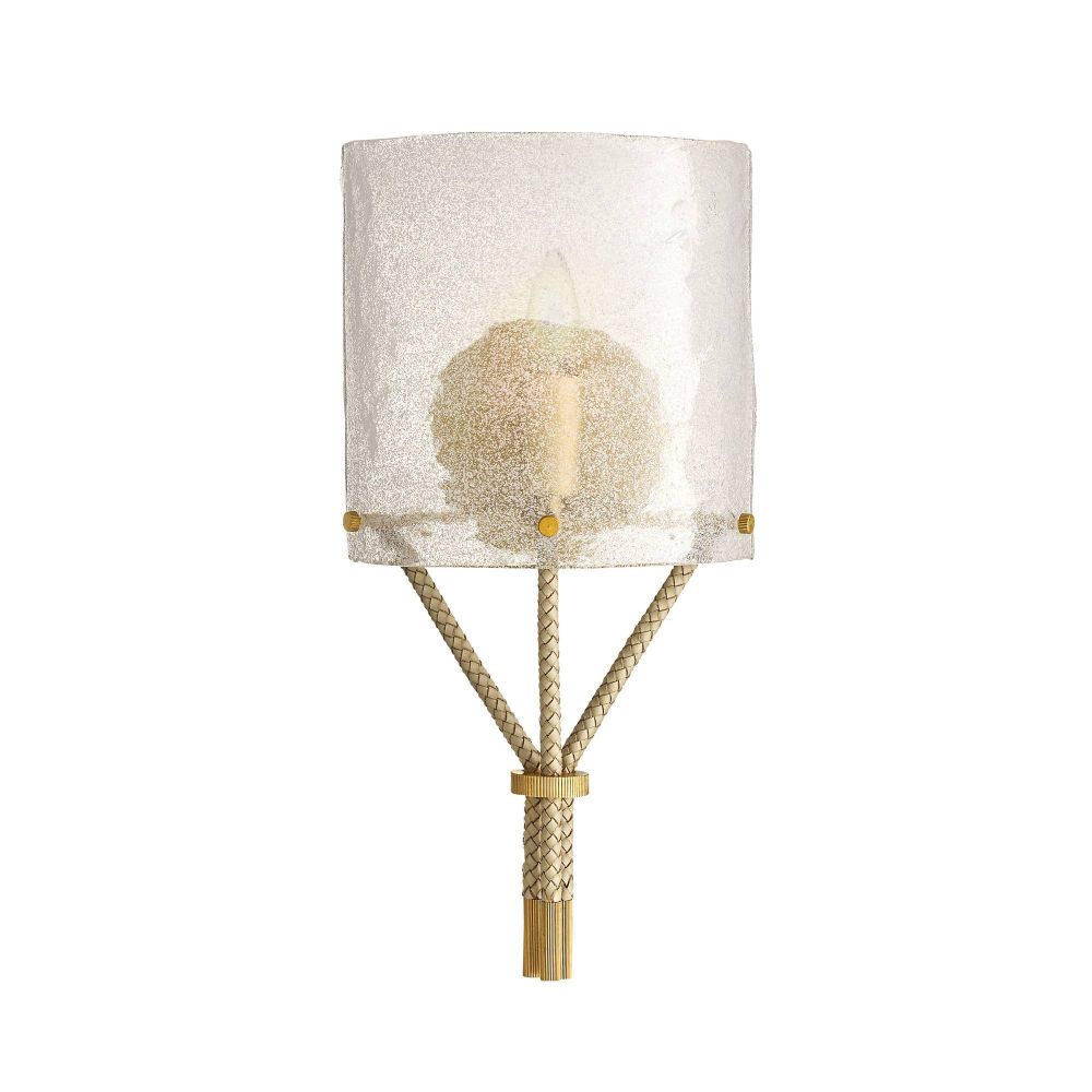 Wall-mounted lamp with a textured white shade and gold accents on a white background