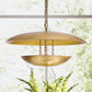 Gold pendant light fixture with a blurred natural background