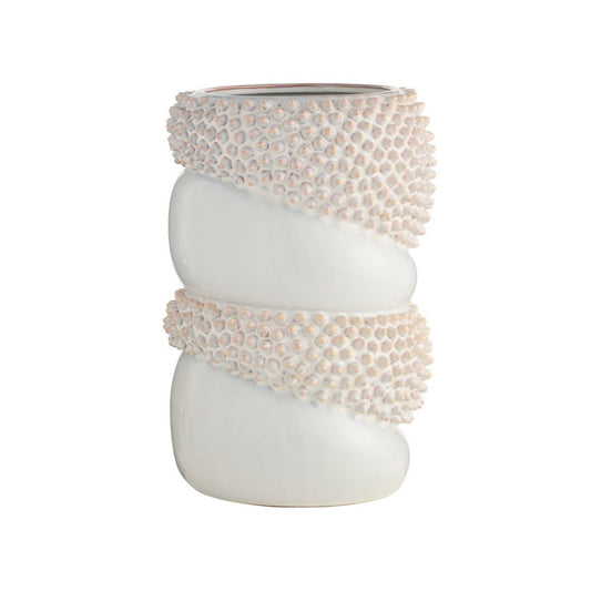 Decorative vase with textured white and beige bands on a white background