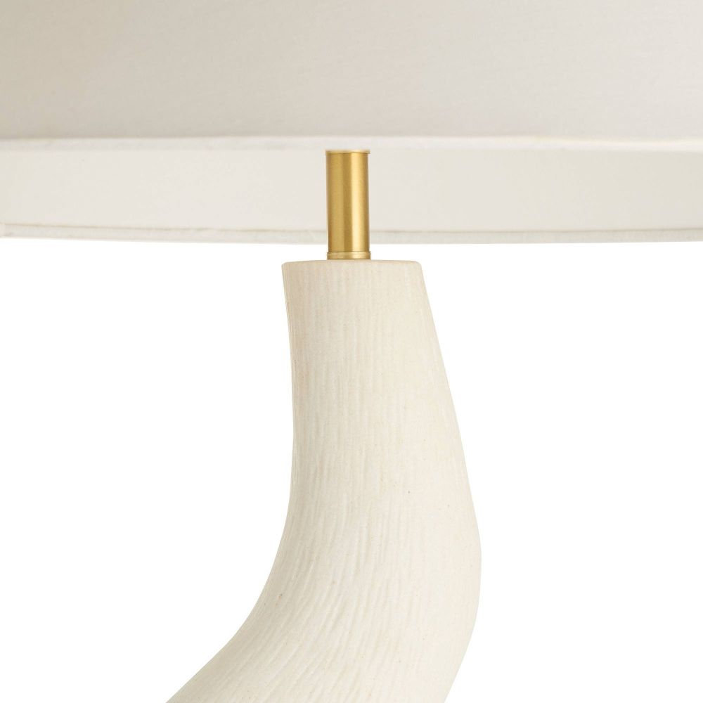 Close-up of a lamp with a white shade and gold fixture on a white background