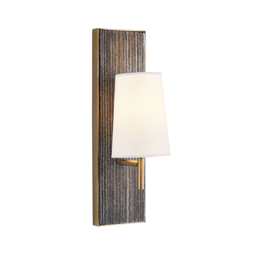 Wall sconce with textured panel and white shade on a white background
