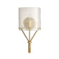 Decorative wall lamp with a textured white shade and gold accents on a white background