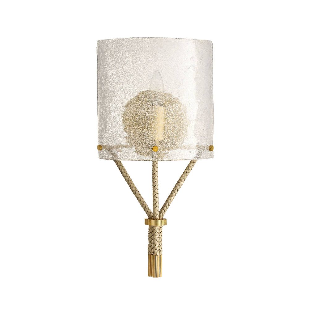 Decorative wall lamp with a textured white shade and gold accents on a white background