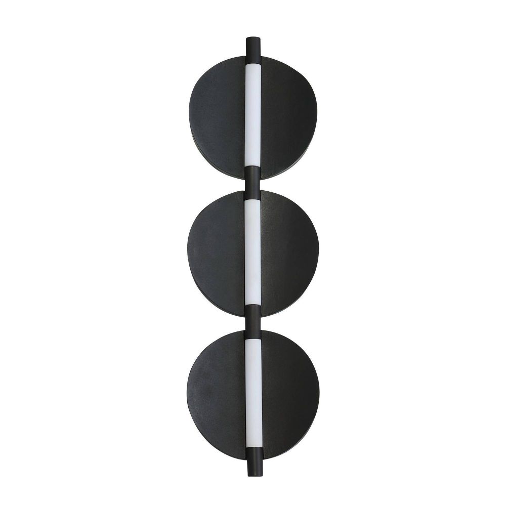 Black wall sconce with three circular shades on a white background