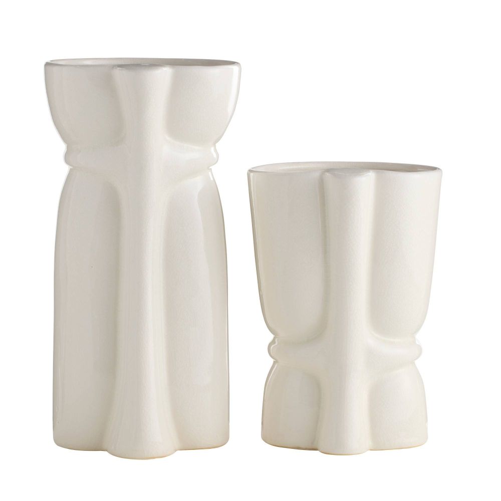 Two white ceramic vases with textured surfaces on a white background