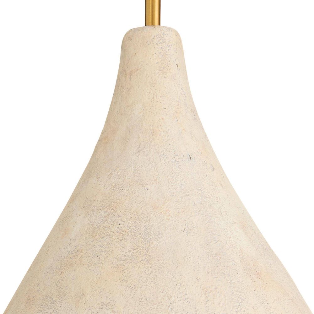 Close-up of a textured beige pendant light with a gold fixture on a white background