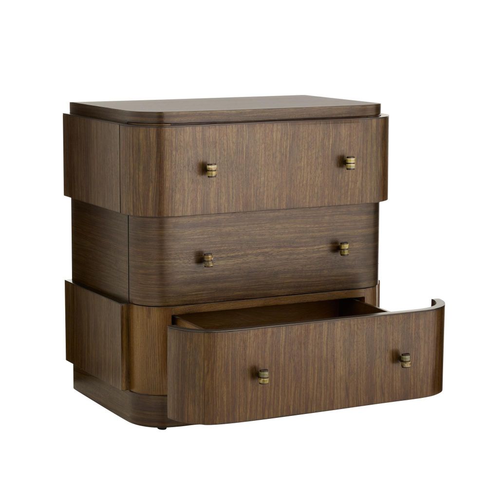 Wooden dresser with three drawers on a white background