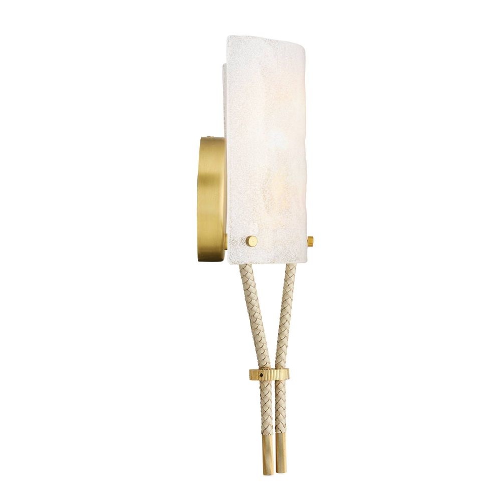 Wall sconce with gold finish and white shade on a white background
