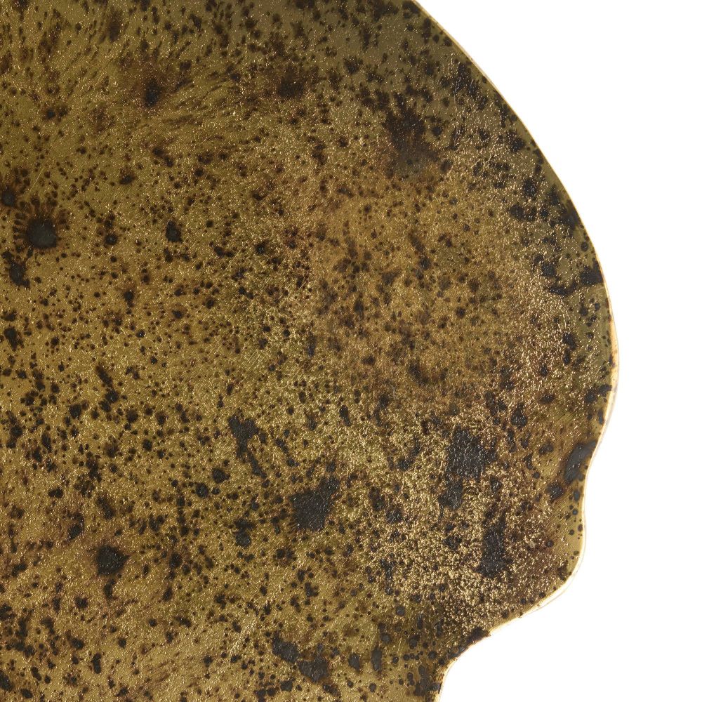 Close-up of a ceramic plate with speckled brown glaze on a white background
