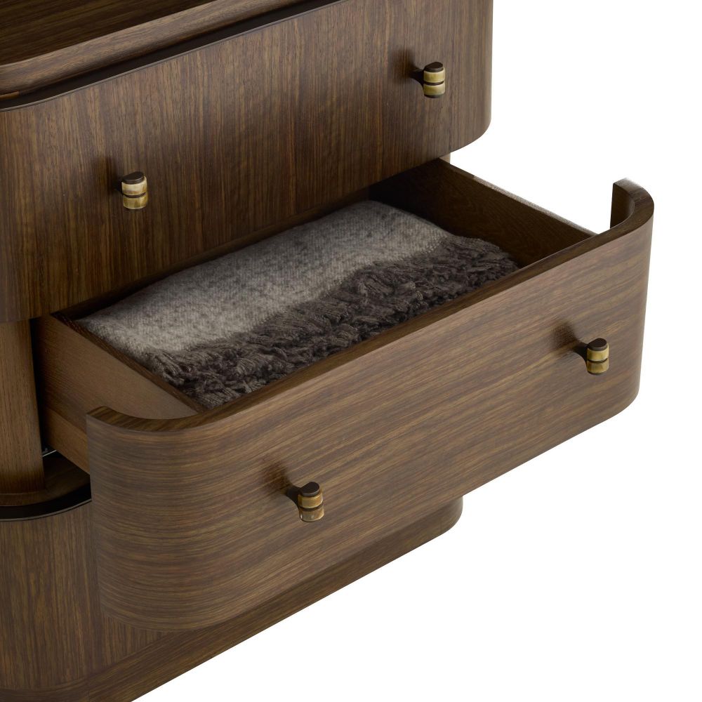 Wooden drawer with a gray cushion inside, on a white background