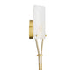 Wall sconce with gold finish and white shade on a white background