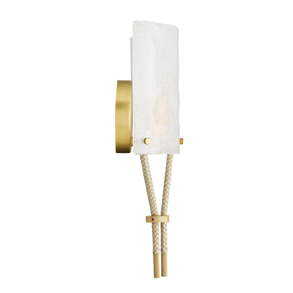 Wall sconce with gold finish and white shade on a white background