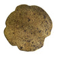 Round, textured metal object with a brown speckled pattern on a white background